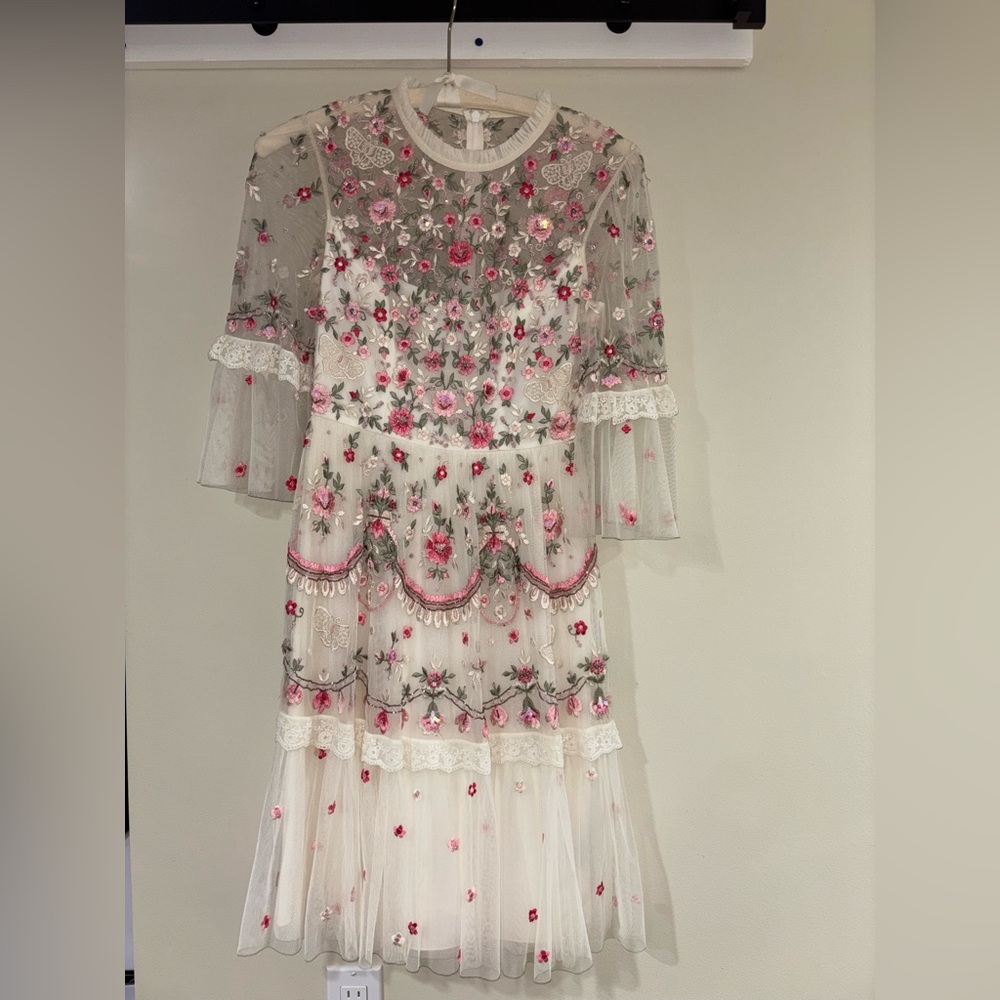 Needle & Thread Ivory Tulle Dress with Pink and Green Floral Embroidery